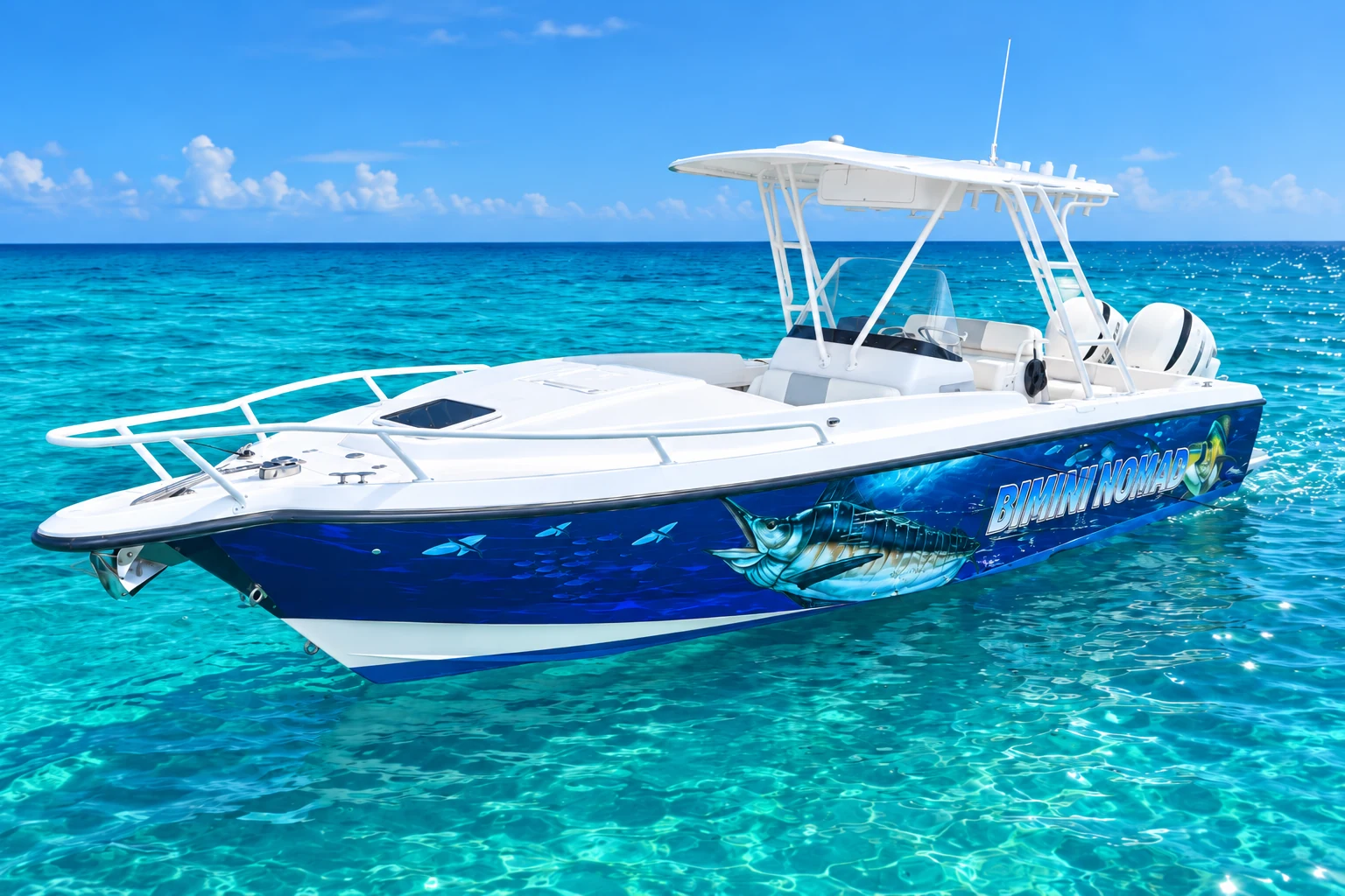 Bow of Bimini Nomad, the 33-foot Intrepid used for private Anguilla transfers
